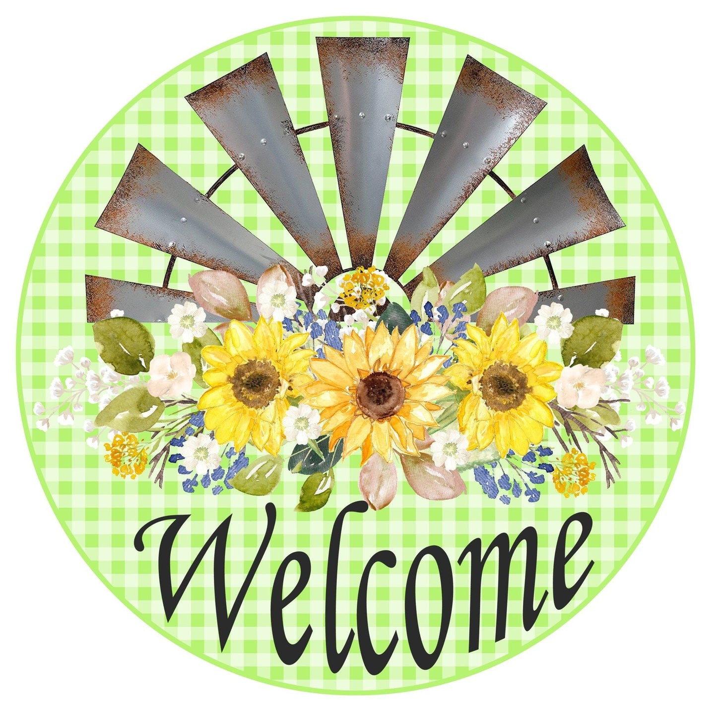 Round welcome windmill summer sign, wreath sign, wreath attachment, metal sign, welcome floral sign