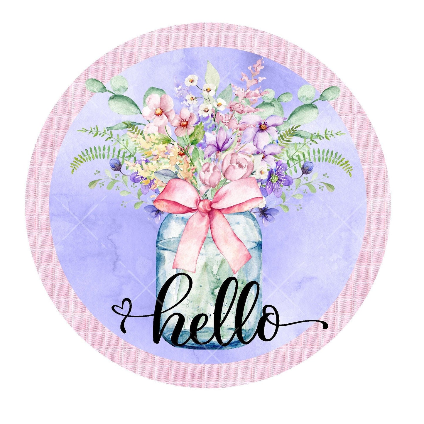 Pink and blue flower hello wreath sign, metal wreath sign, signs for wreaths, round wreath sign