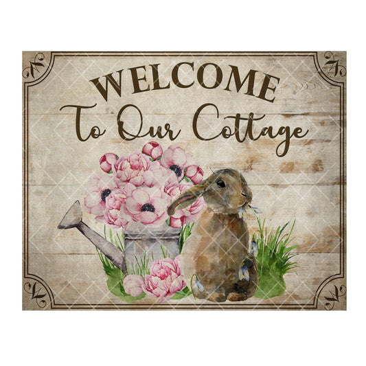 Welcome to our cottage wreath sign, bunny wreath sign, metal wreath sign, 10x8 wreath sign