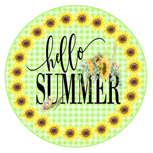 Hello summer round sign, wreath sign, wreath attachment, metal sign, summer sign, sunflower sign