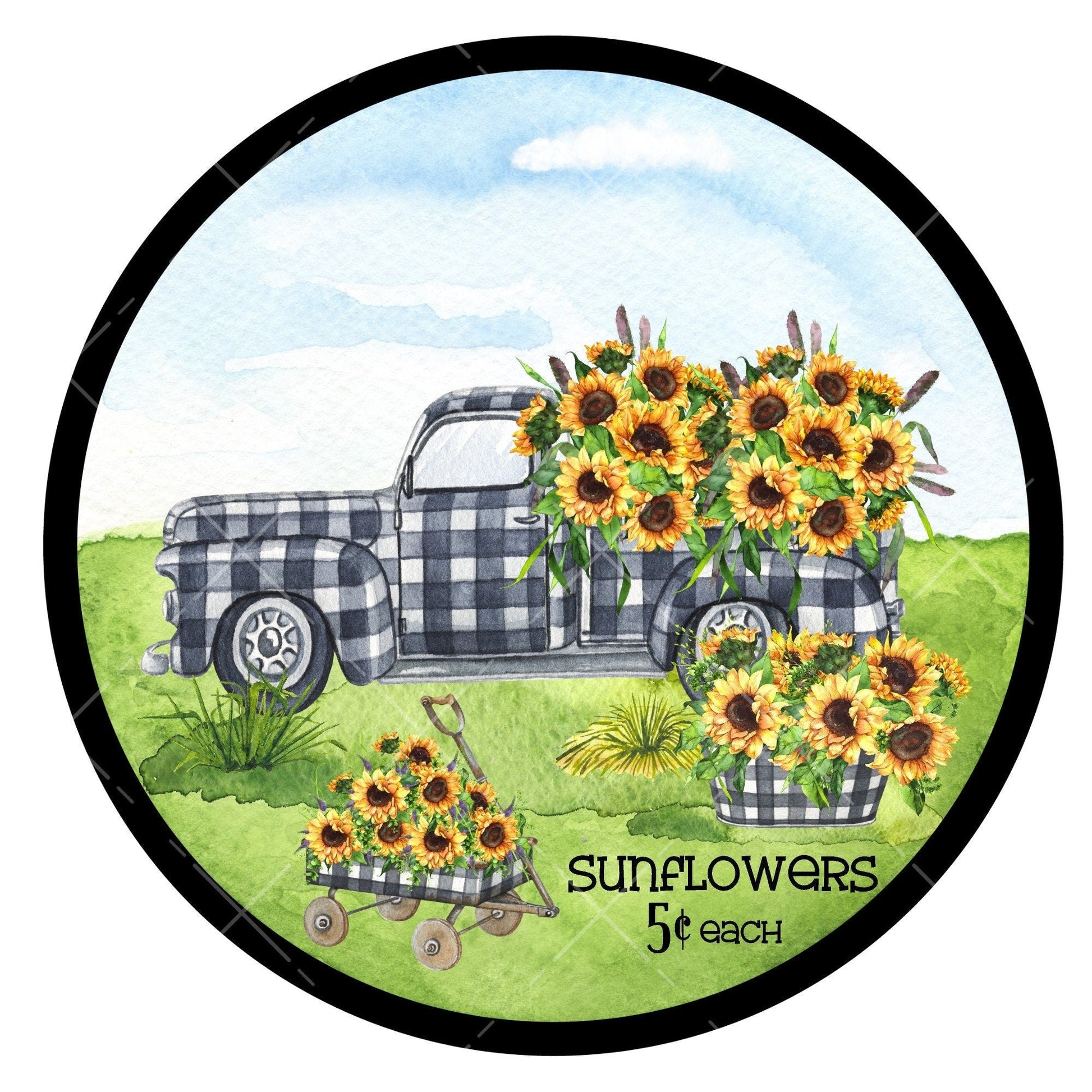 Sunflower buffalo plaid truck wreath sign, metal wreath sign, signs for wreaths, round wreath sign