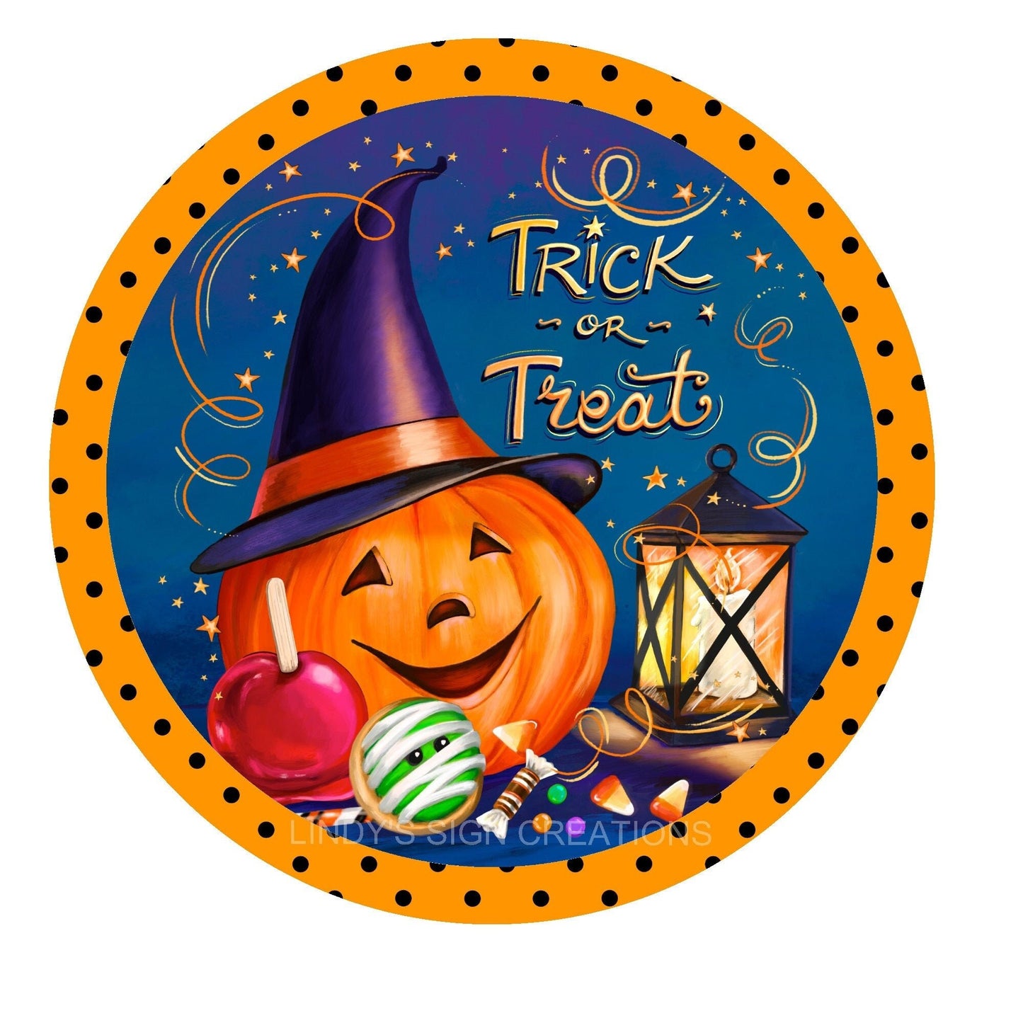 Trick or treat wreath sign, metal wreath sign, round wreath center, Halloween door hanging