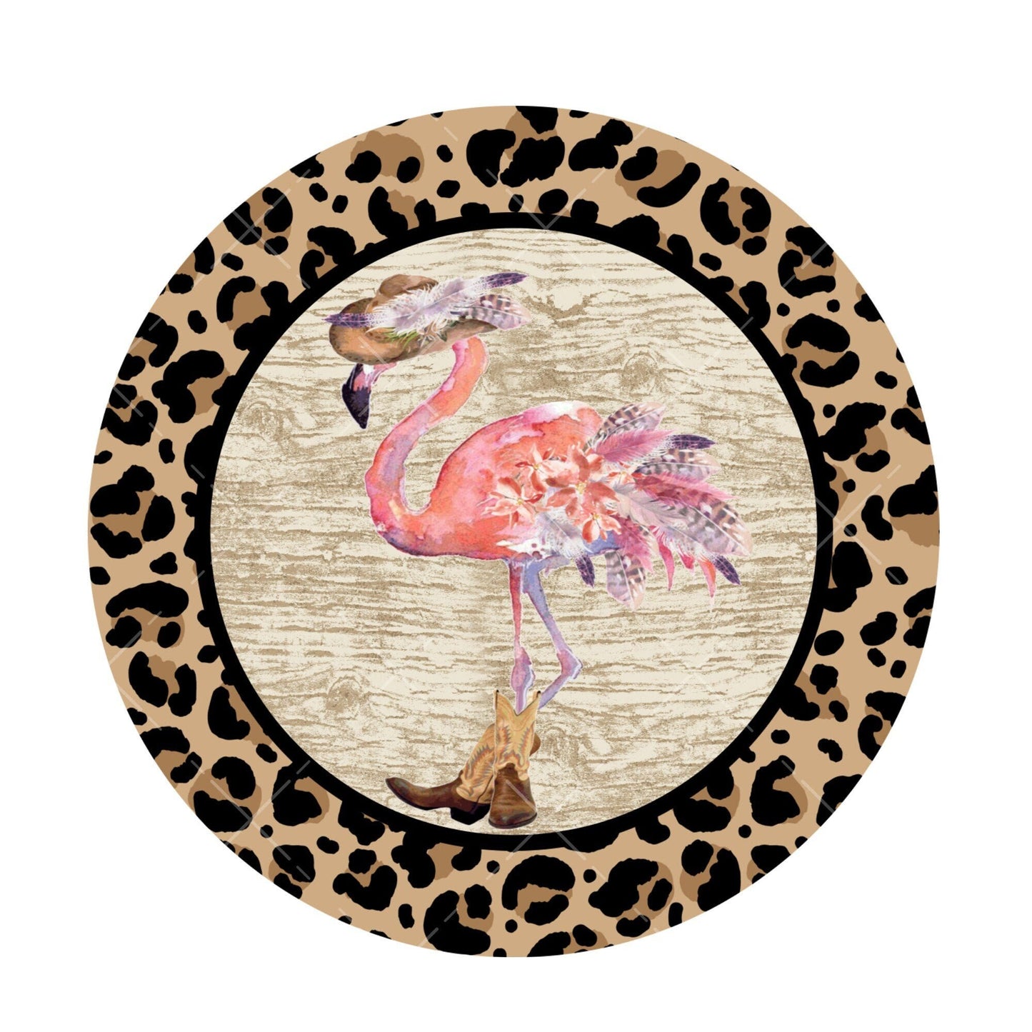 Round flamingo with cowboy boots wreath sign, wreath attachment, metal sign, door hanging