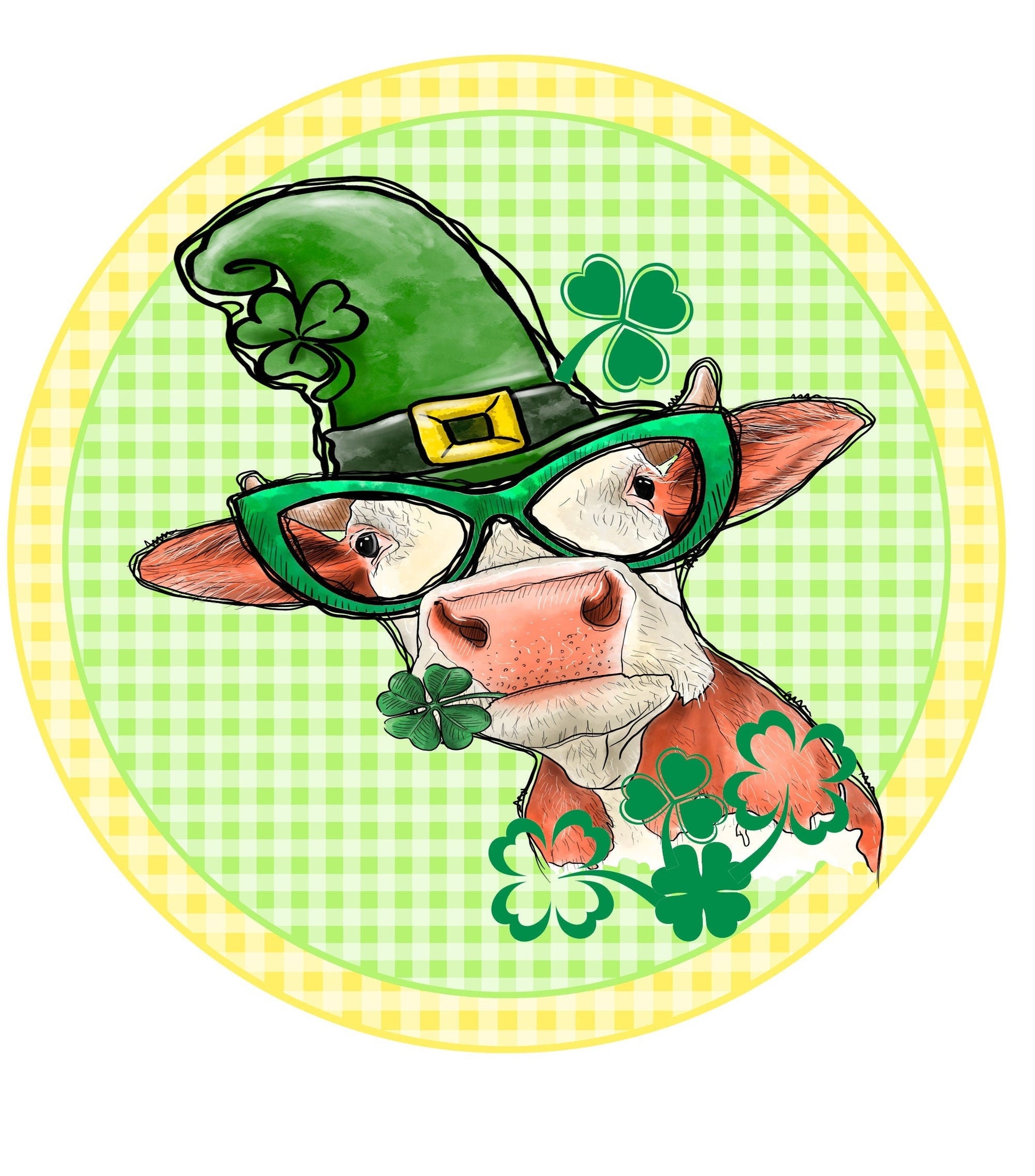 St. Patricks day cow with shamrock hat on wreath sign, wreath attachment, cute cow sign, metal sign, round wreath sign