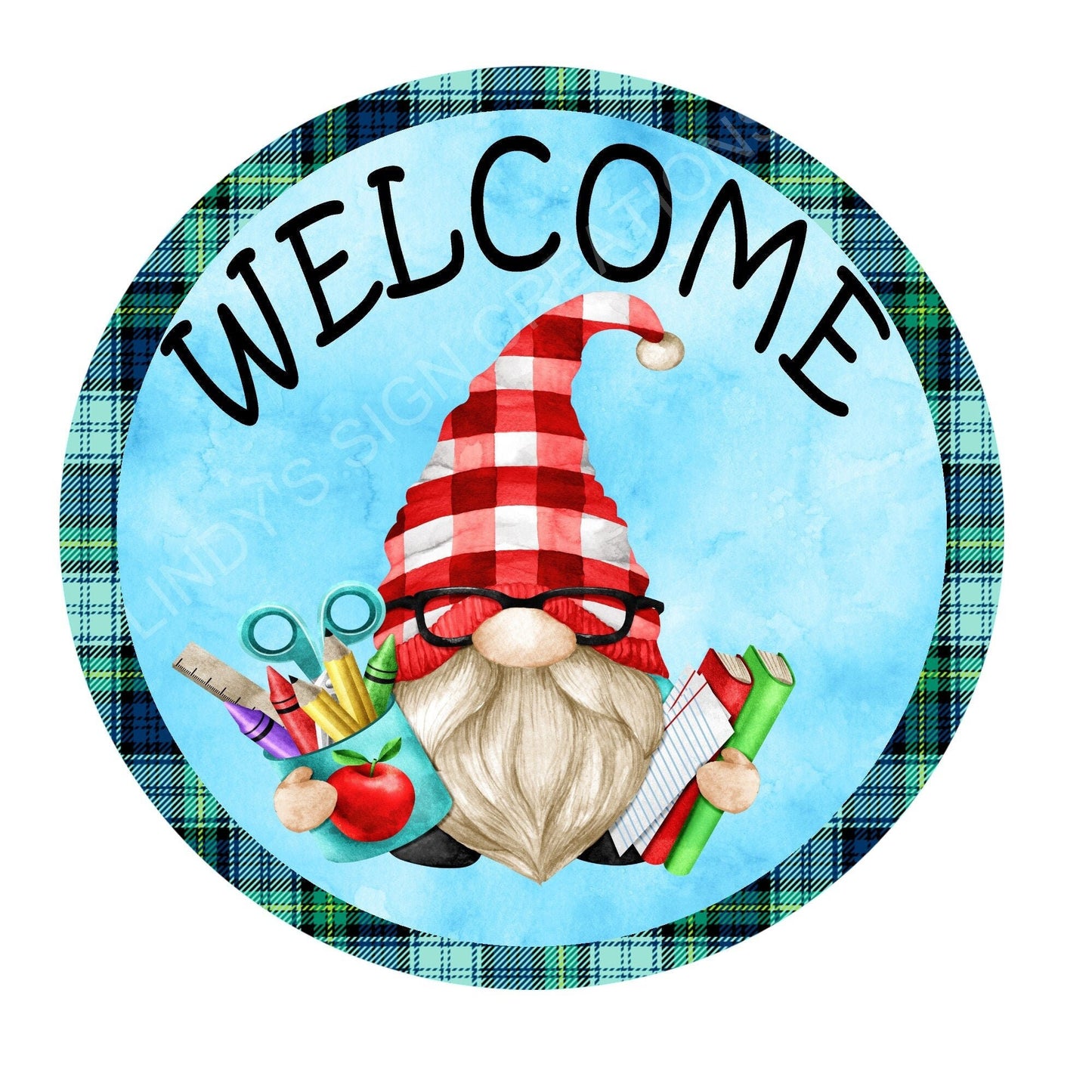 Gnome boy or girl teacher welcome wreath sign, metal wreath sign, round wreath sign, door hanging