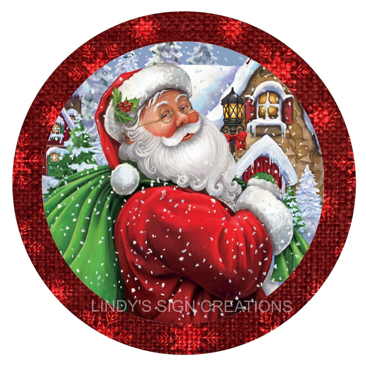 Round Santa wreath sign, wreath attachment, Santa Claus sign, metal sign, door hanging