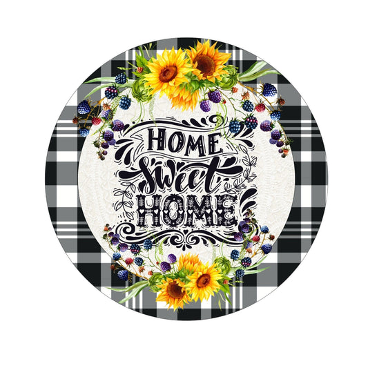 Home sweet home wreath sign, sunflower and blueberry wreath sign, metal sign, round wreath sign, door hanging