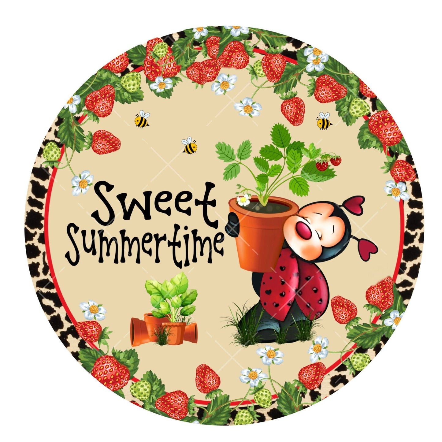 Ladybug sweet summertime strawberry wreath sign, metal wreath sign, signs for wreaths