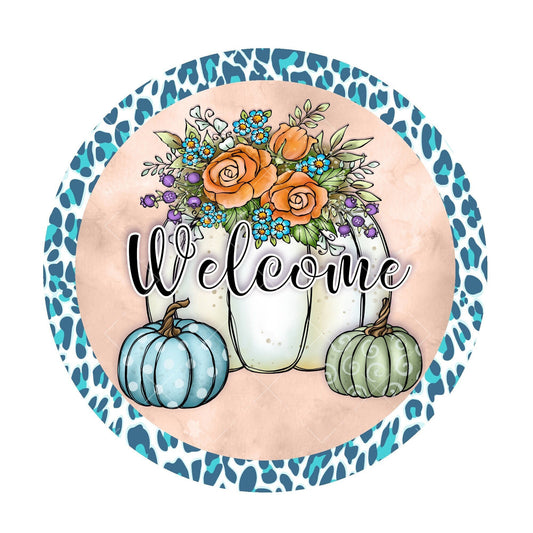 Welcome leopard pumpkin wreath sign, metal wreath sign, round wreath sign, fall door hanging