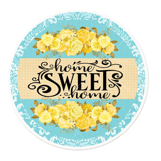 Yellow roses with teal background wreath sign, metal wreath sign, home sweet home wreath sign, round wreath sign, lindys sign creations