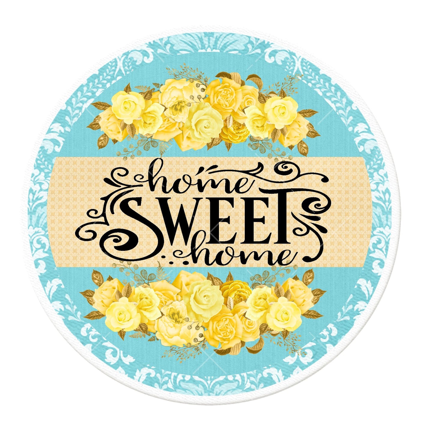 Yellow roses with teal background wreath sign, metal wreath sign, home sweet home wreath sign, round wreath sign, lindys sign creations