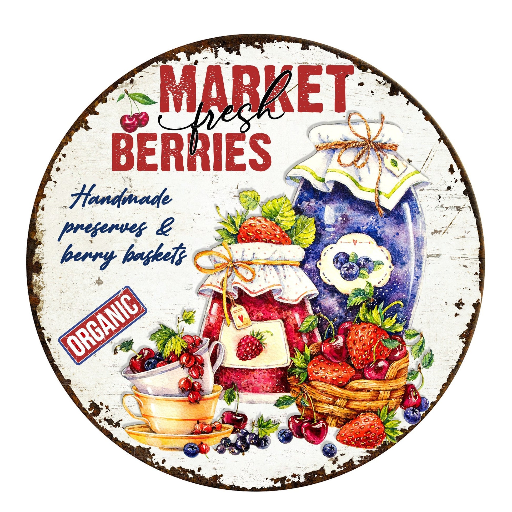 Market fresh berries wreath sign, metal wreath sign, signs for wreaths, round wreath sign, lindys sign creations