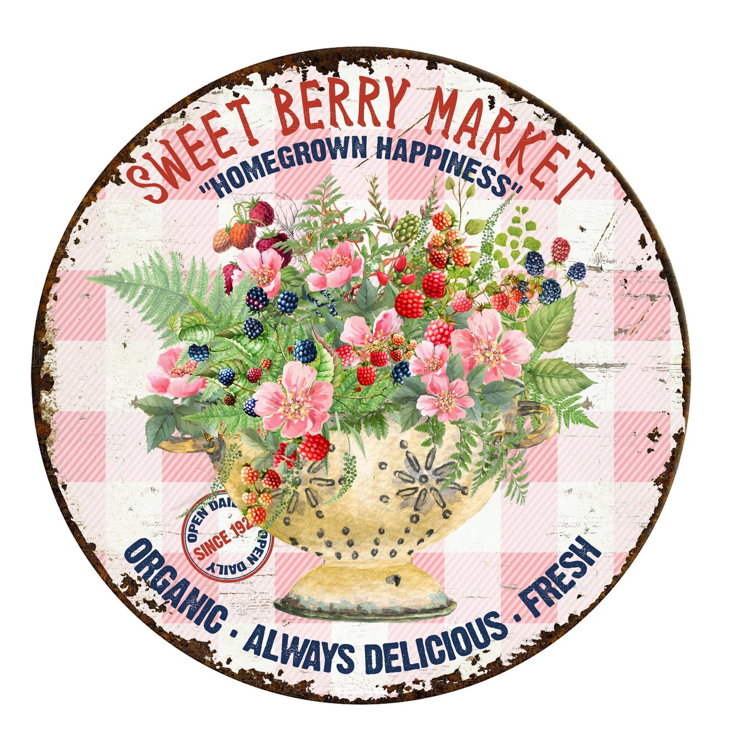 Sweet berry market wreath sign, metal wreath sign, sign for wreaths, round wreath sign, door decor, lindys sign creations