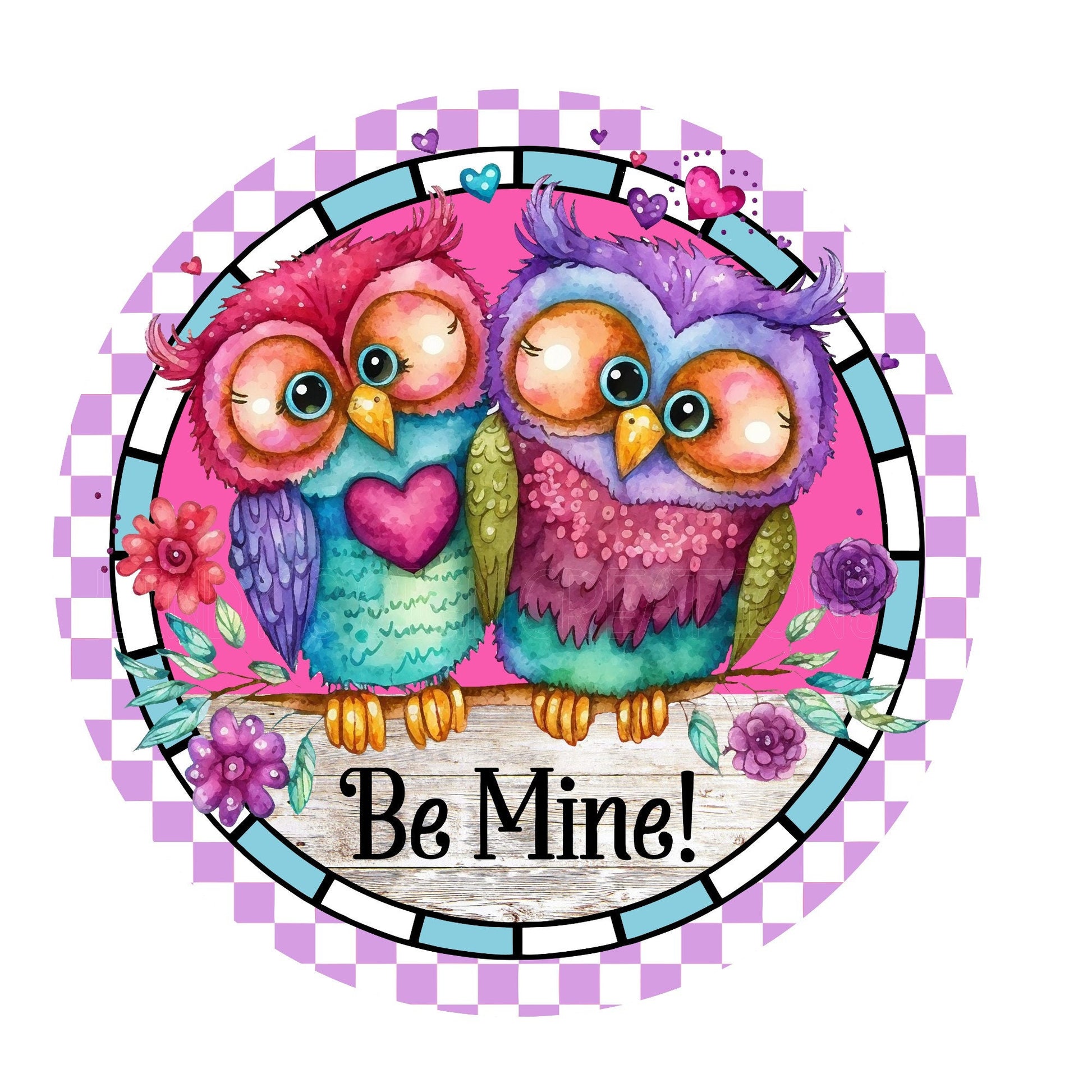 Be mine valentine wreath sign, owls wreath sign, metal wreath sign, round wreath sign, door decor, lindys sign creations