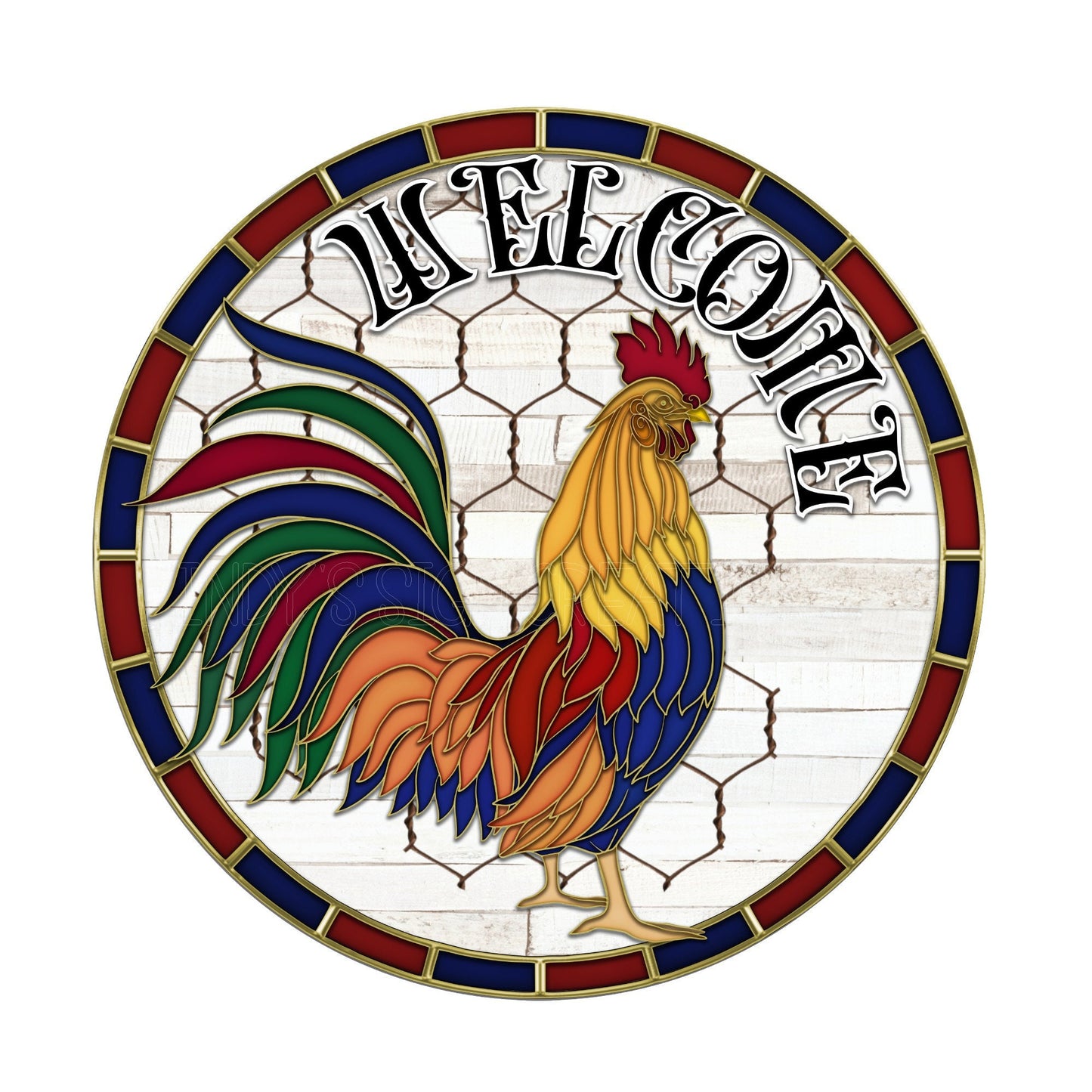 Faux stained glass welcome rooster wreath sign, metal wreath sign, signs for wreaths, round wreath sign, lindys sign creations, door decor