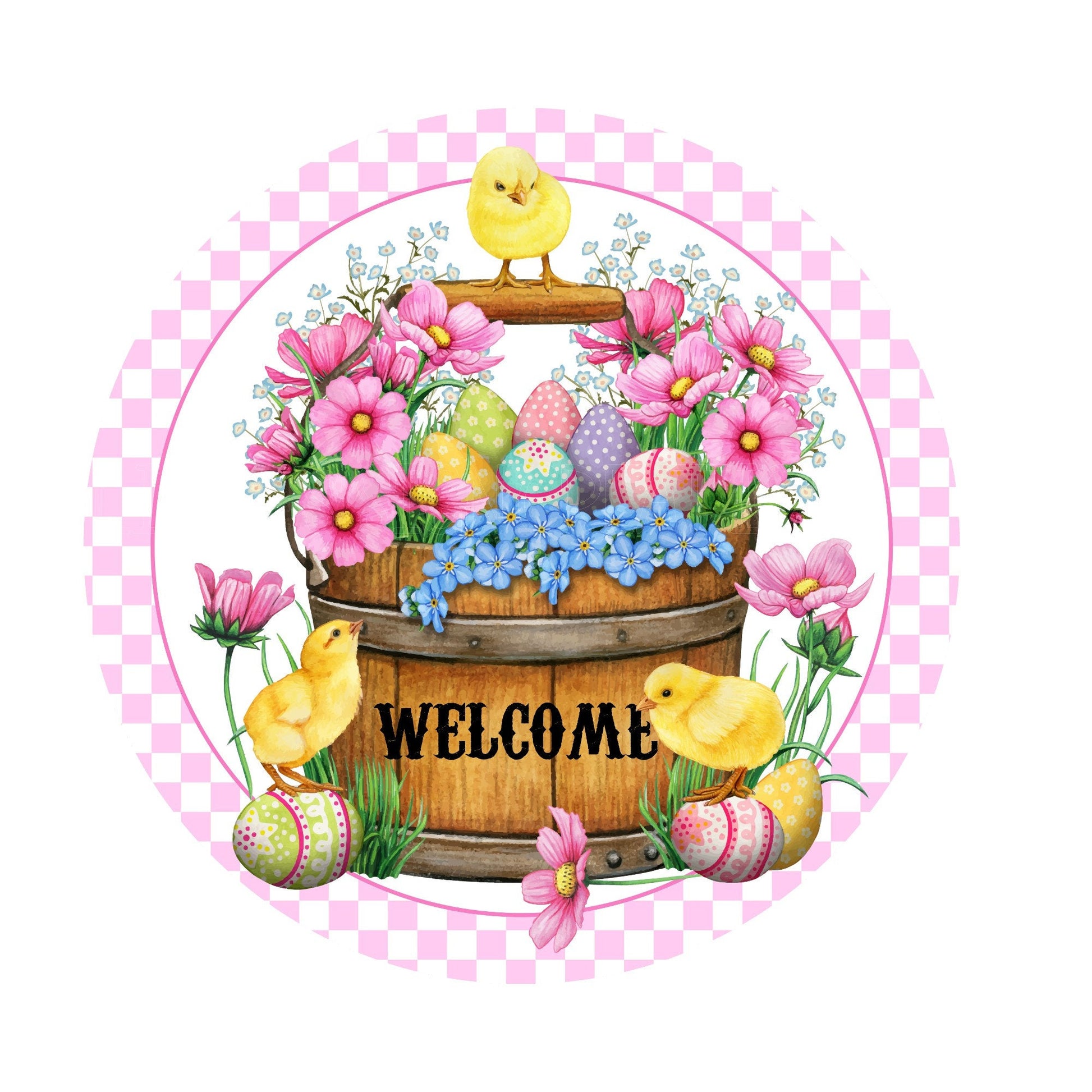 Easter chicks welcome wreath sign, metal wreath sign, sign for wreaths, round wreath sign, lindys sign creations