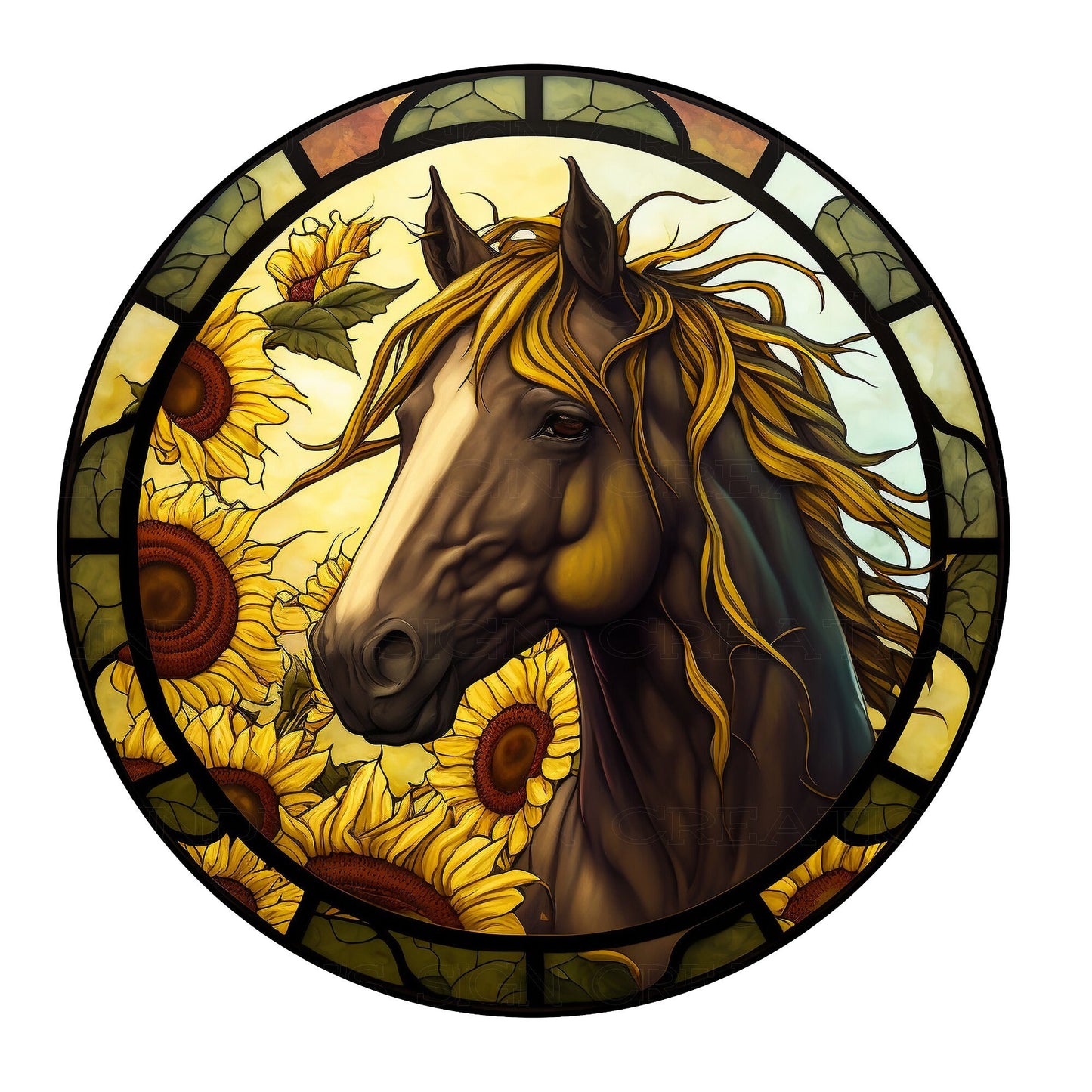 Faux stained glass horse and sunflowers wreath sign, metal wreath sign, signs for wreaths, door decor, lindys sign creations