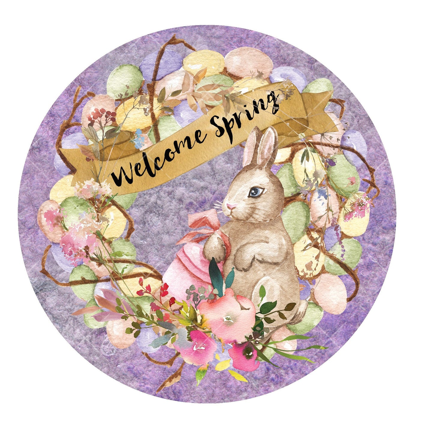 Welcome spring bunny wreath sign, metal wreath sign, signs for wreaths, round wreath sign, door decor, lindys sign creations