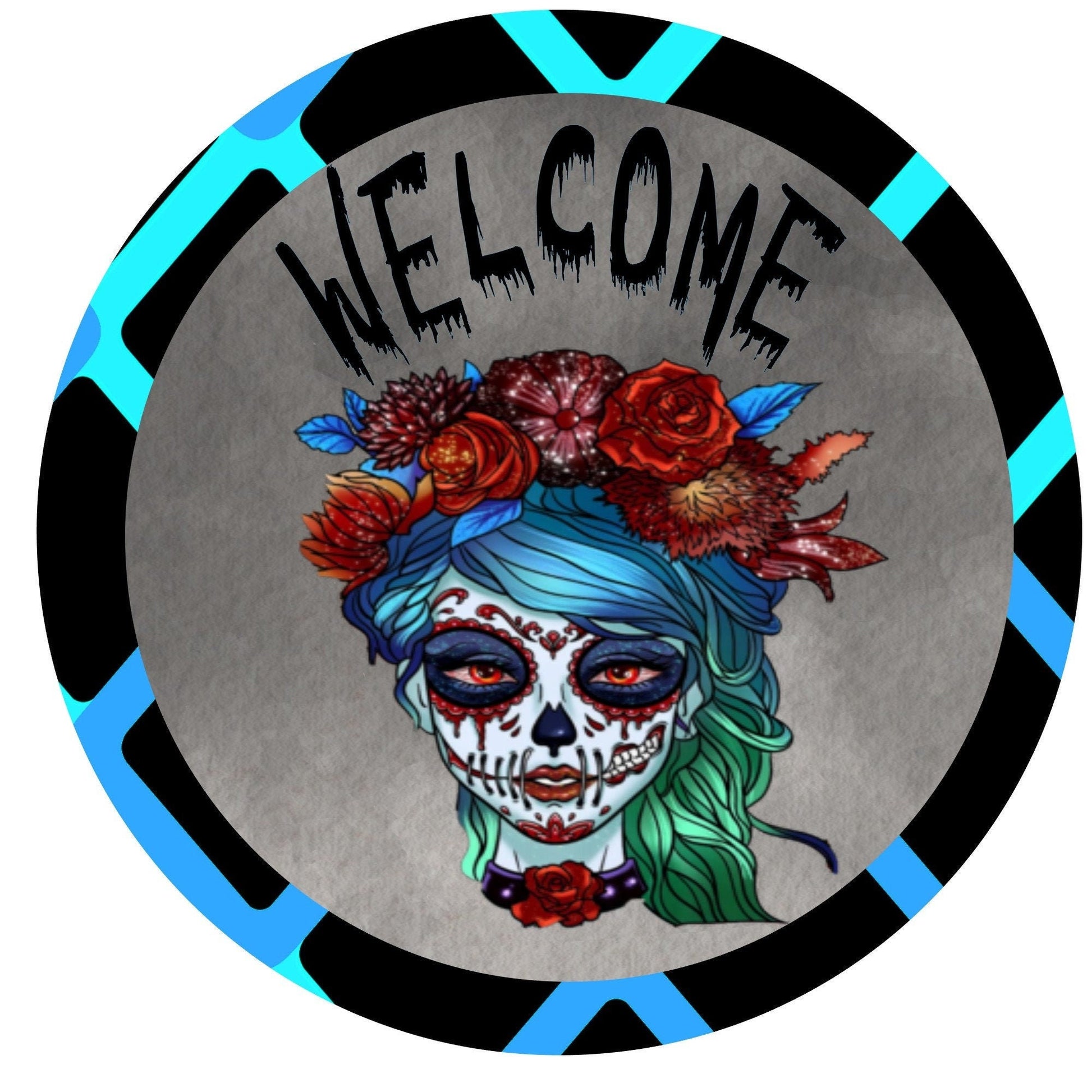 Sugar skull wreath sign, skeleton face wreath sign, metal sign, round wreath sign, welcome wreath sign