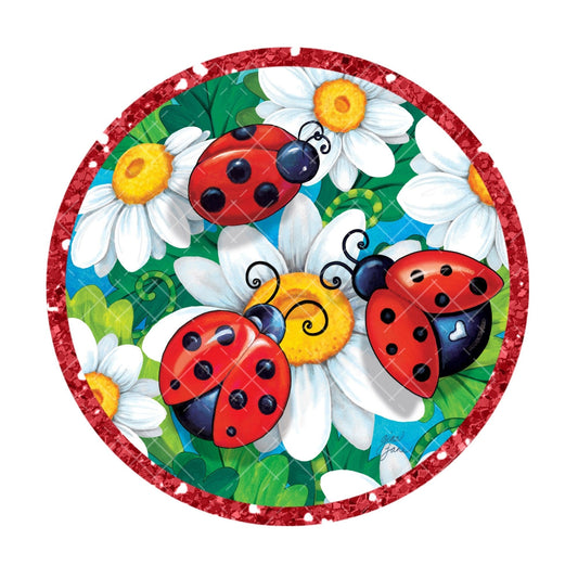 Ladybug daisy wreath sign, metal wreath sign, round wreath sign