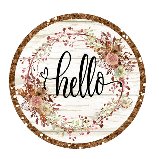 Hello floral wreath sign, metal wreath sign, signs for wreaths, round wreath sign