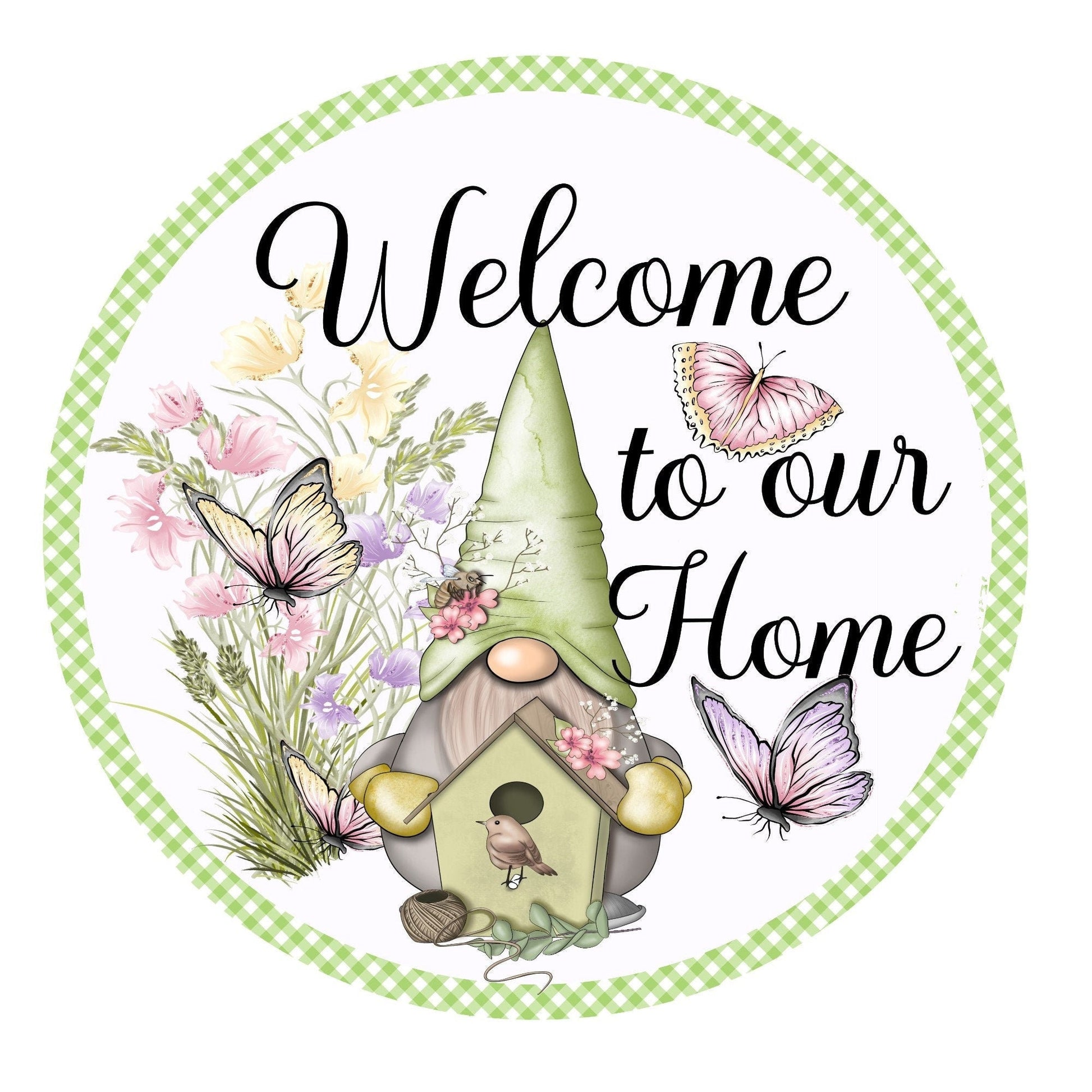 Gnome welcome to our our home wreath sign, wreath attachment, metal sign, welcome wreath sign, door hanging