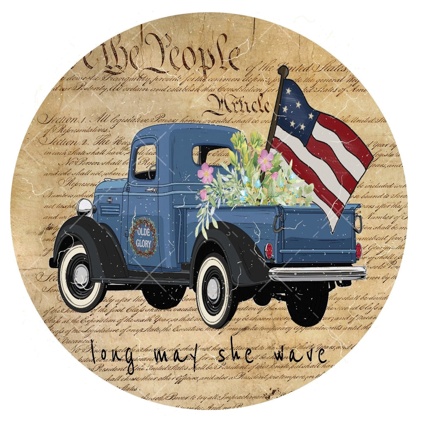 Patriotic truck wreath sign, metal wreath sign, long may she wave wreath center, patriotic door hanging