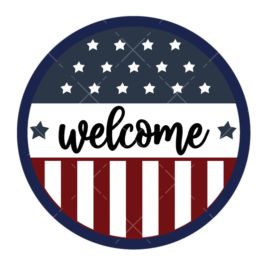 Patriotic flag welcome wreath sign, metal wreath sign, signs for wreaths, round wreath sign