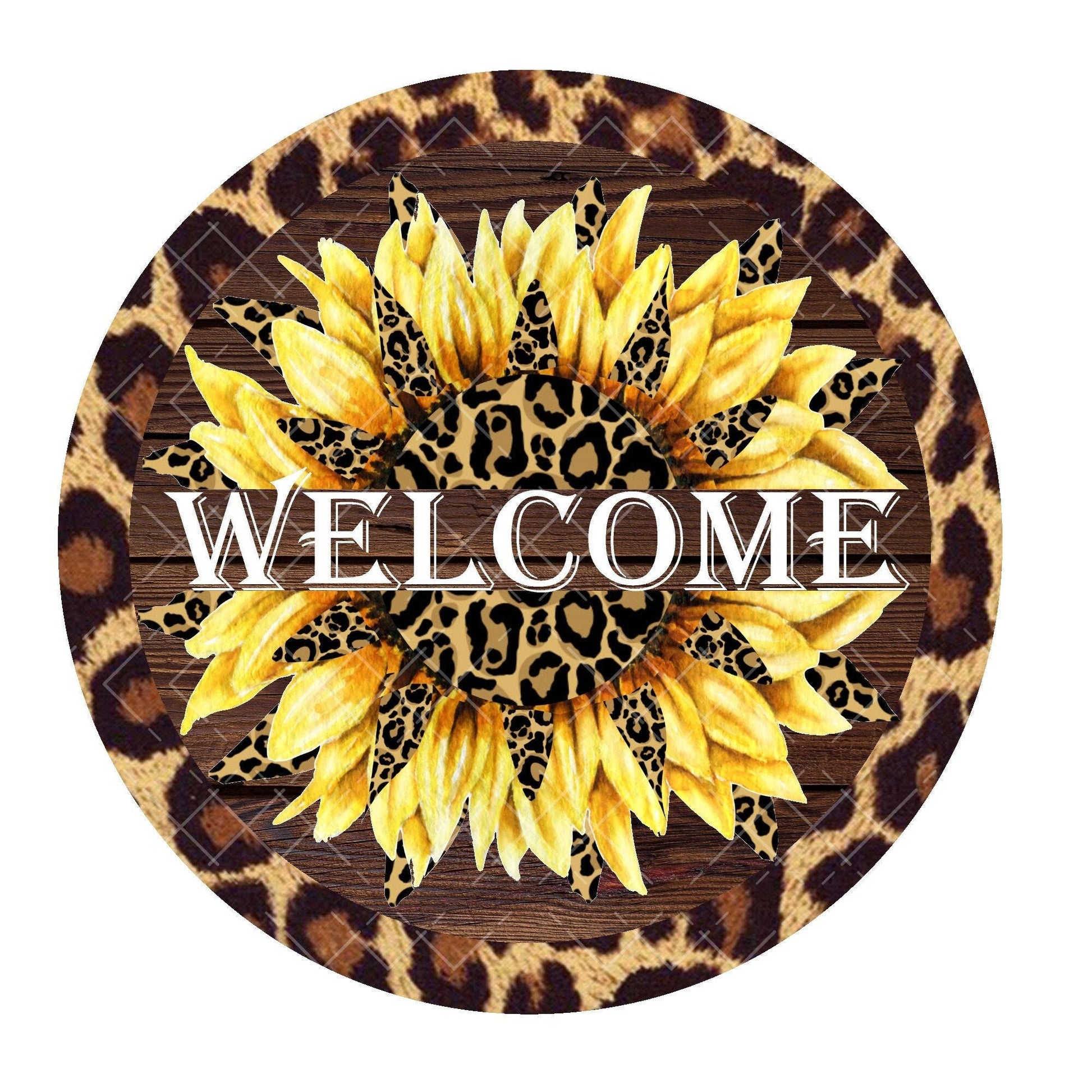 Leopard welcome sunflower wreath sign, metal wreath sign, signs for wreaths, welcome wreath sign