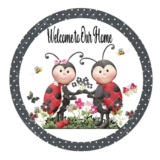 Ladybug welcome wreath sign, metal wreath sign, welcome to our home wreath sign, round wreath sign