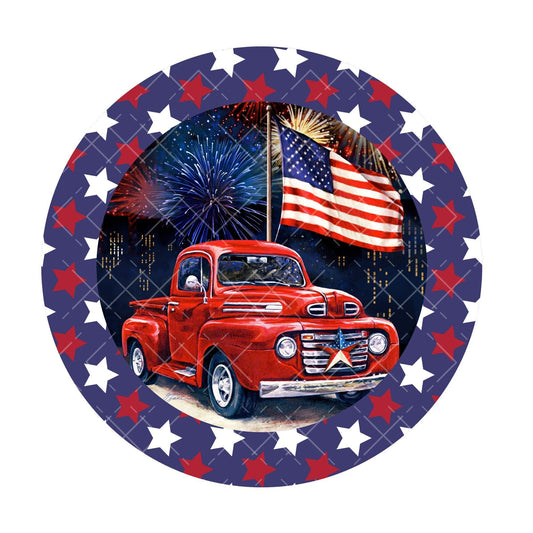 Patriotic red truck wreath sign, metal wreath sign, sign for wreaths, round wreath sign