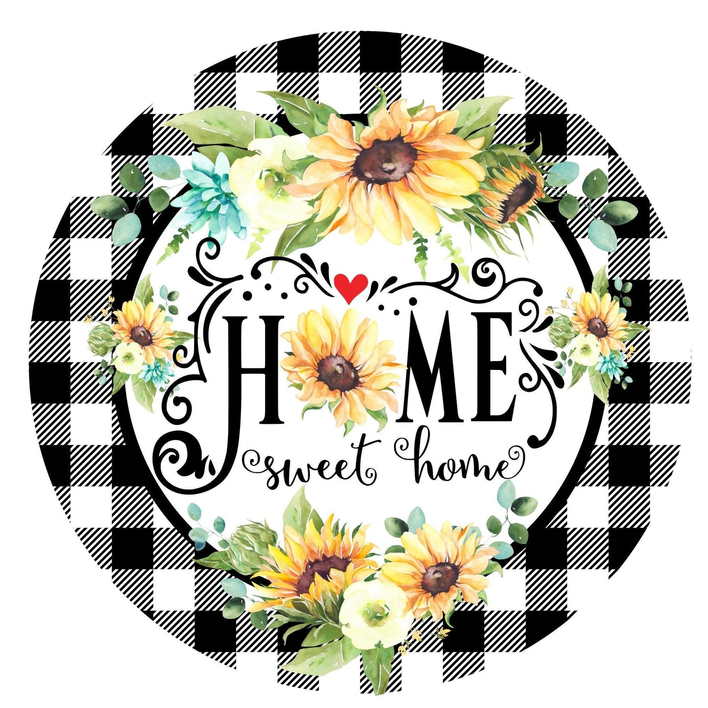 Round home sweet home sunflower wreath sign, wreath attachment, metal sign, door hanging, sunflower wreath sign