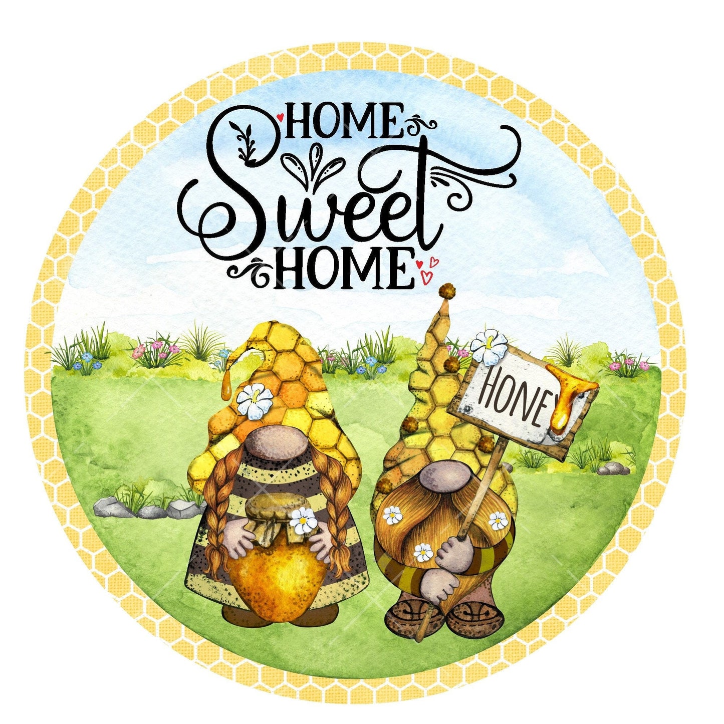 Home sweet home wreath sign, bee wreath sign, metal wreath sign, signs for wreaths, round wreath sign