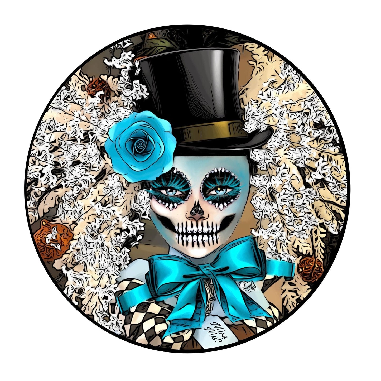 Turquoise sugar skull wreath sign, skeleton face wreath sign, metal sign, round wreath sign, signs for wreaths