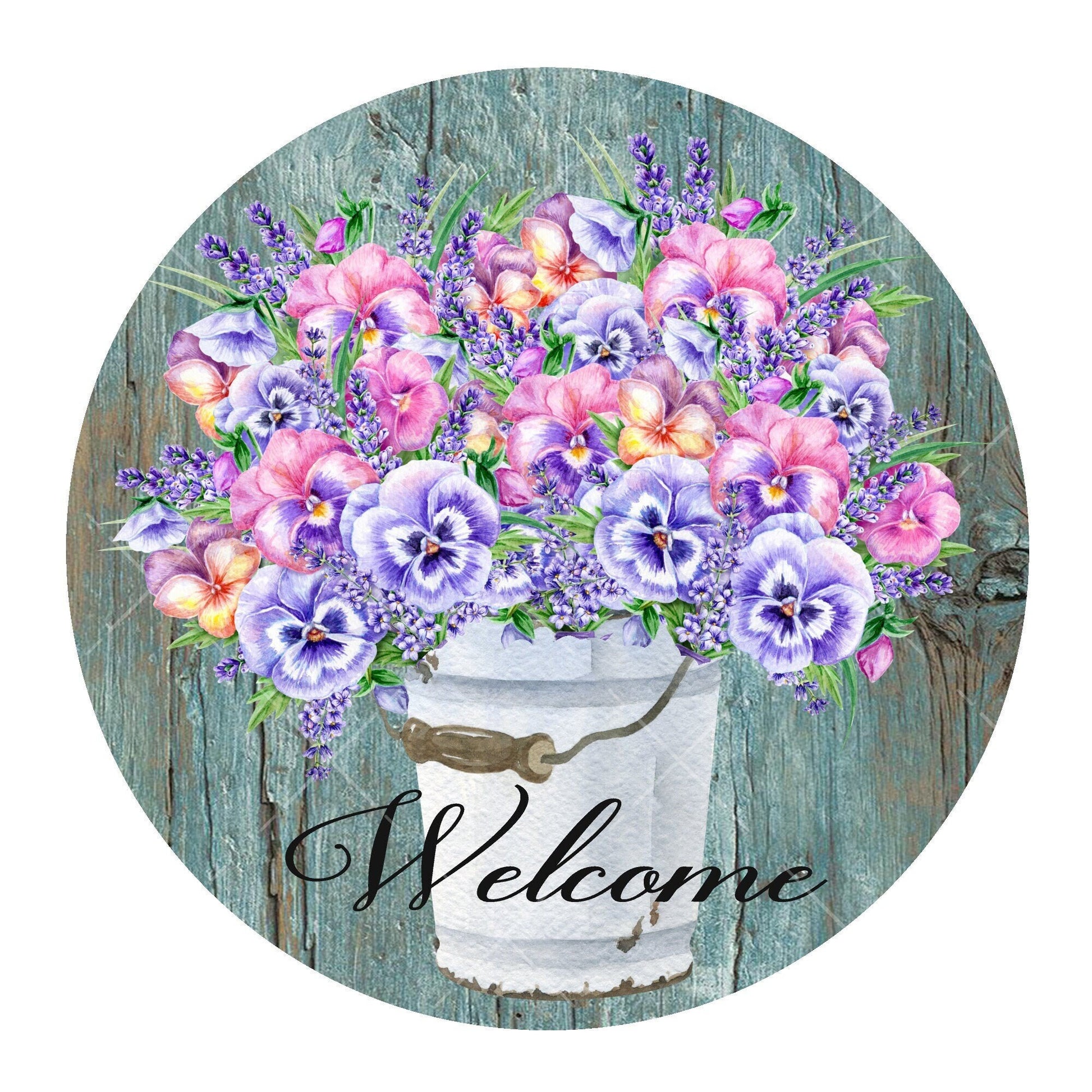 Pansy welcome wreath sign, metal wreath sign, signs for wreaths, round wreath sign