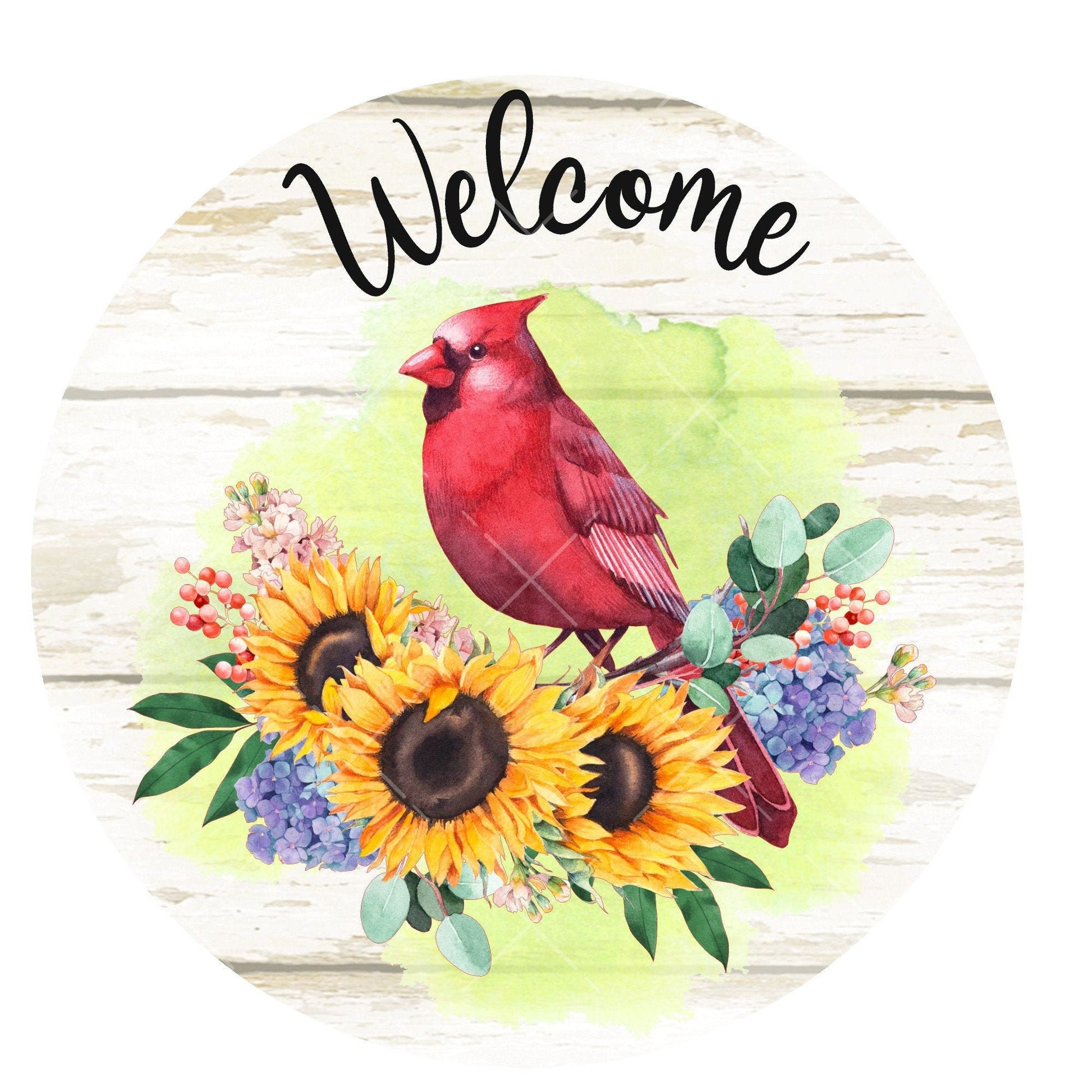 Welcome cardinal on sunflower wreath sign, metal wreath sign, signs for wreaths, round wreath sign