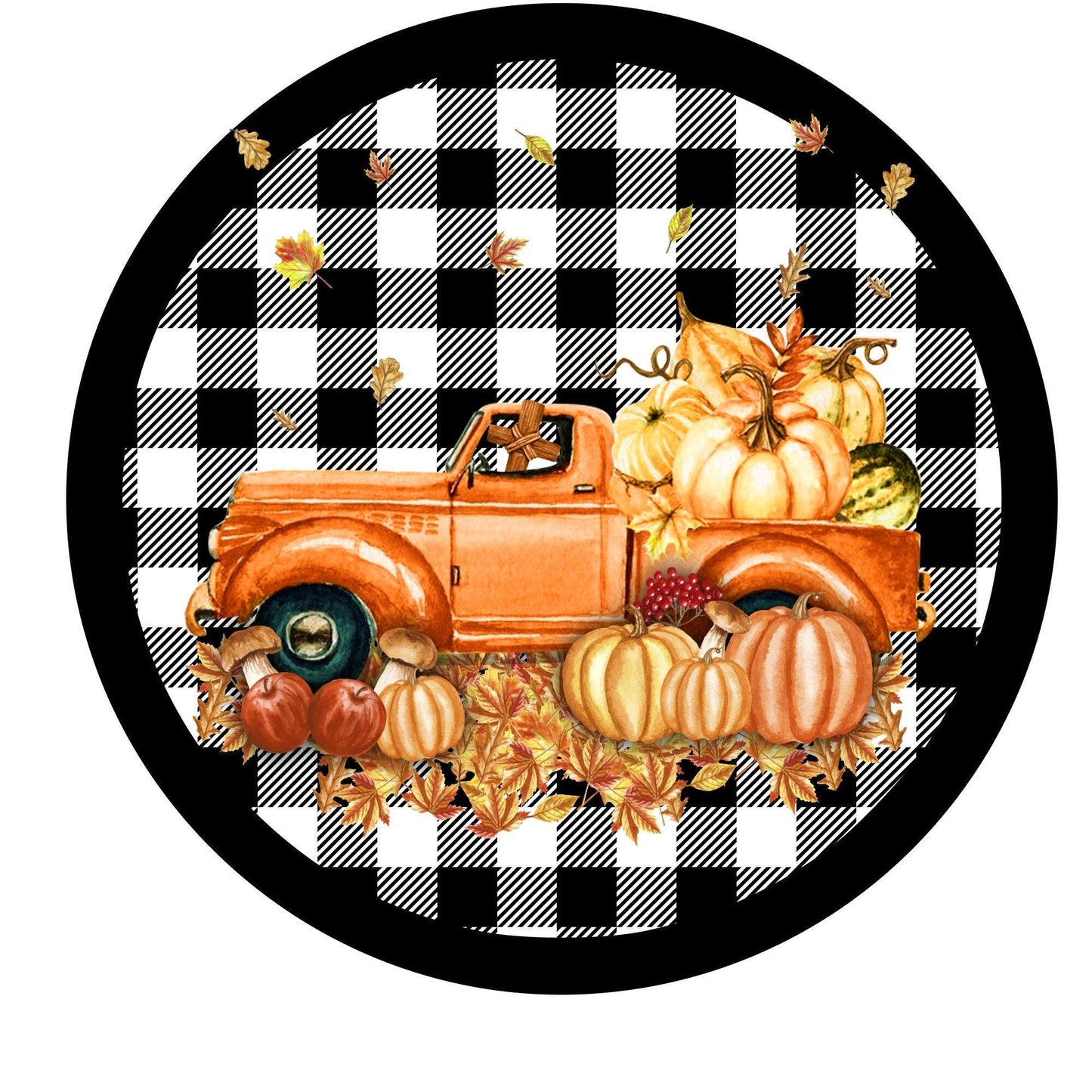 Orange truck with pumpkins fall wreath sign, round wreath sign, metal wreath sign