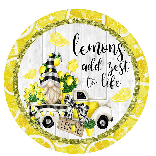 Gnome lemon wreath sign, metal wreath sign, signs for wreaths, round wreath sign