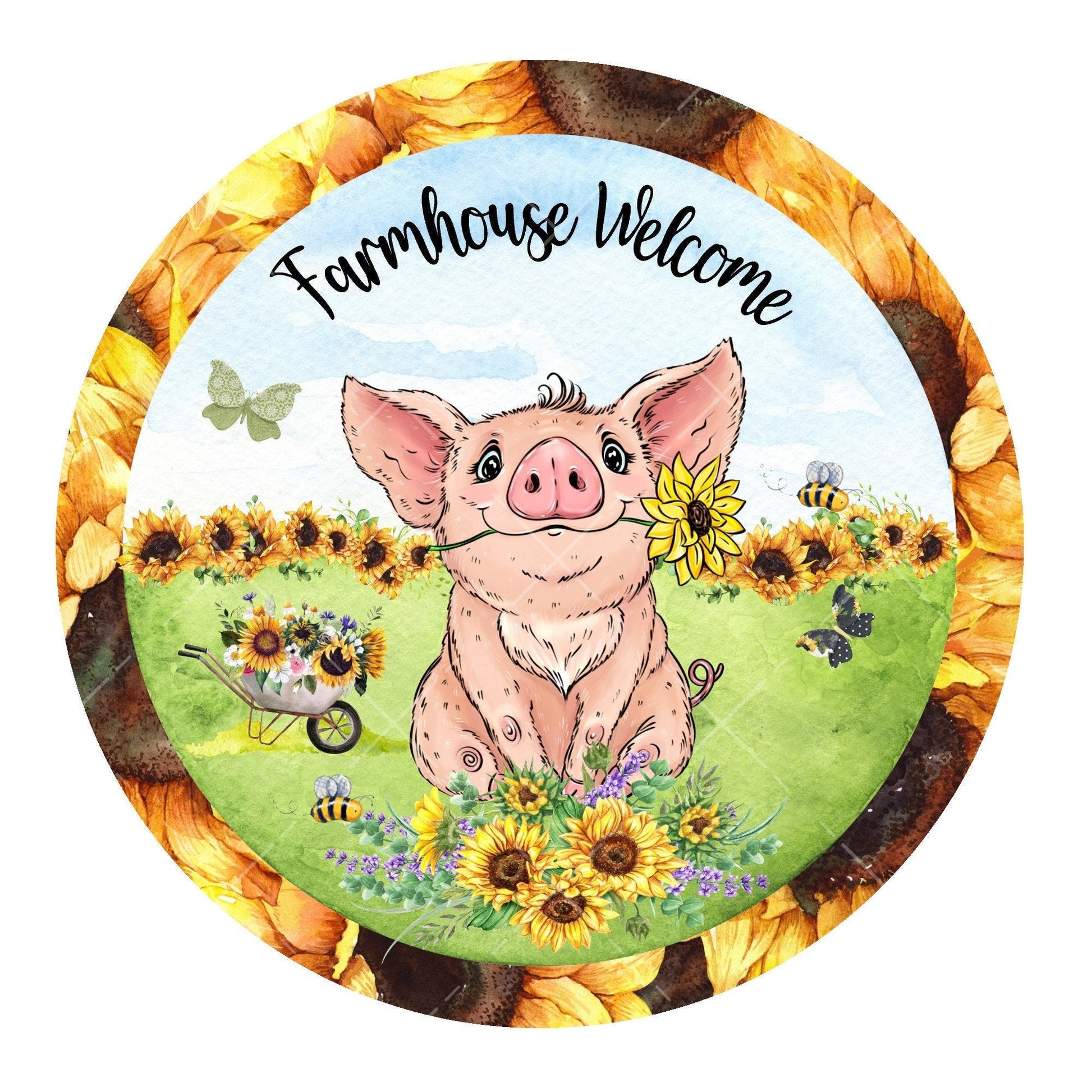 Farmhouse welcome wreath sign, metal wreath sign, signs for wreaths, cute pig wreath sign, round wreath sign