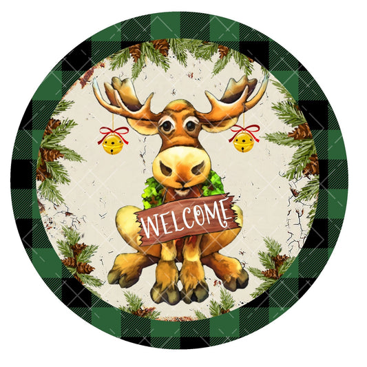 Christmas welcome wreath sign, moose wreath sign, metal wreath sign, holiday wreath center