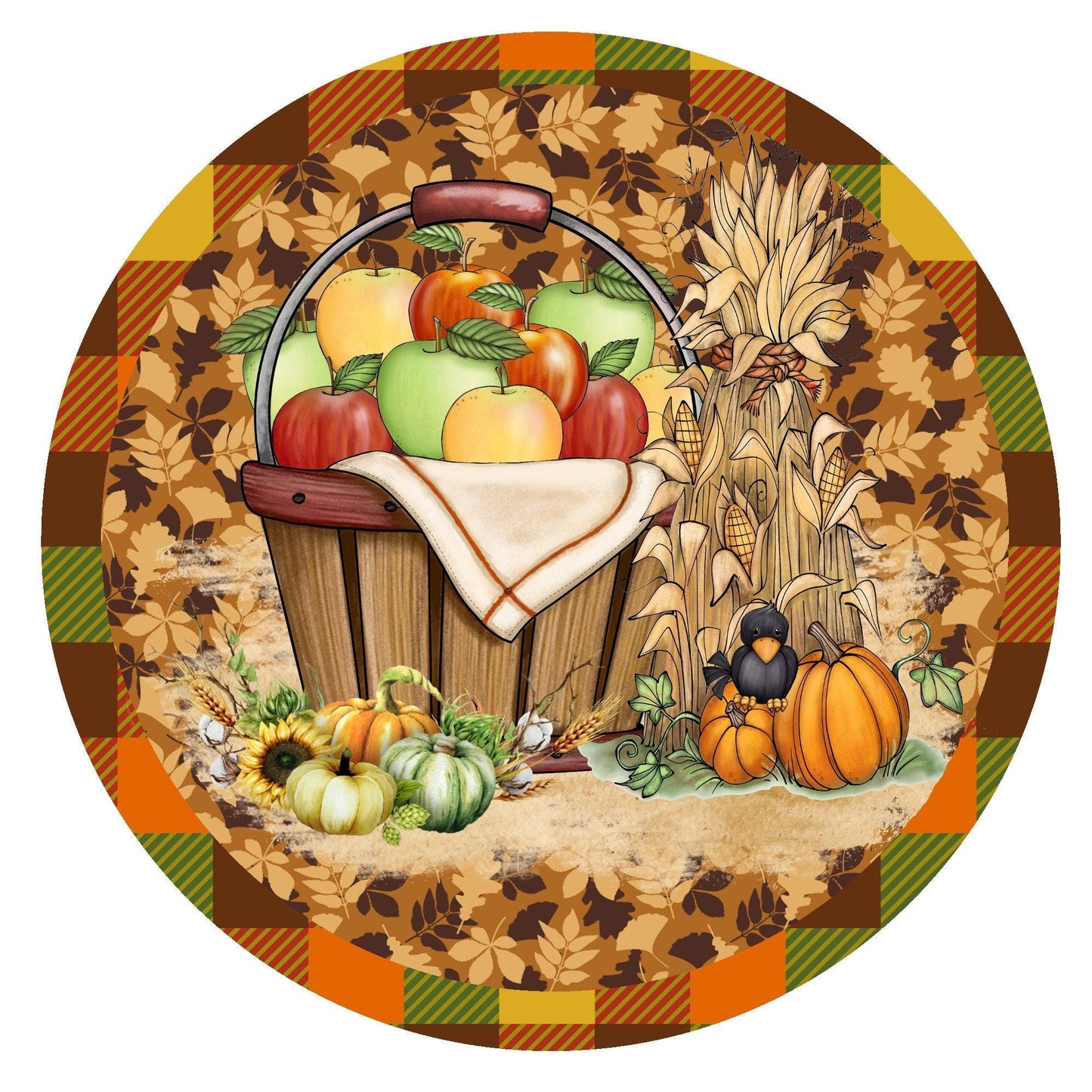 Fall apple basket wreath sign, metal wreath sign, wreath attachment, round wreath sign