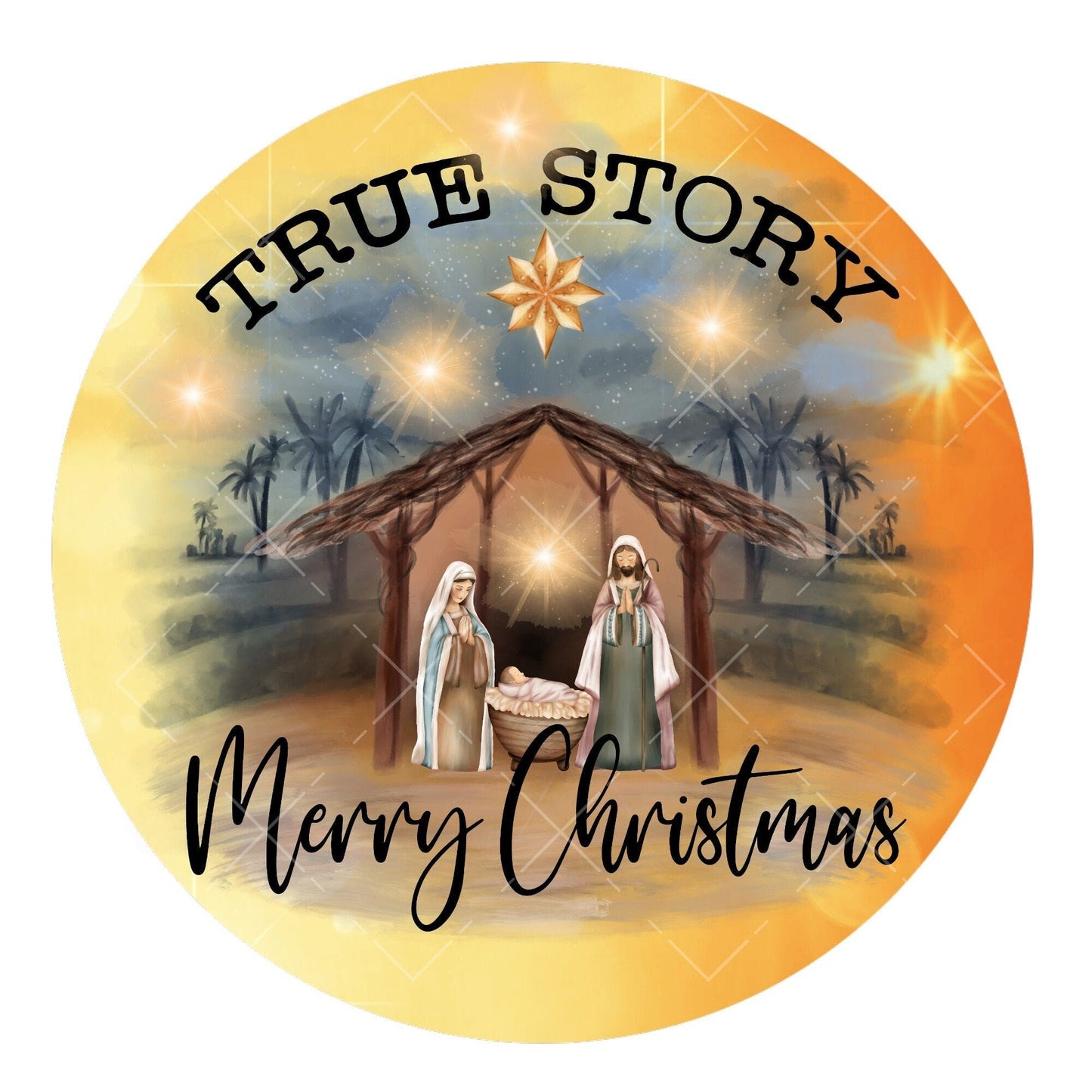 True story nativity wreath sign, Merry Christmas wreath center, metal wreath sign