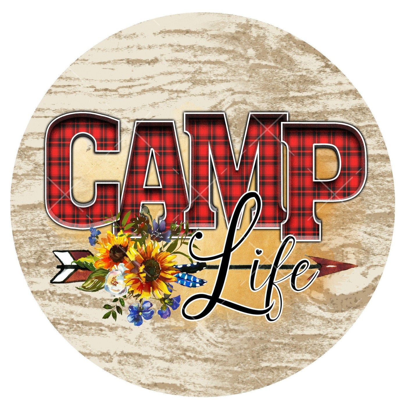 Camp life wreath sign, metal wreath sign, signs for wreaths, round wreath sign, buffalo plaid wreath sign