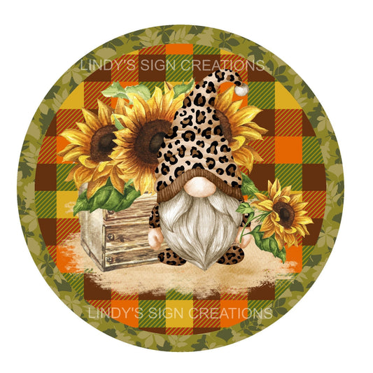 Fall sunflower gnome wreath sign, metal wreath sign, door hanging, fall wreath center