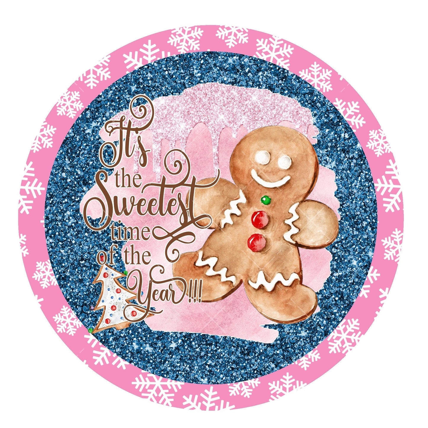 Gingerbread man wreath sign, pink and blue wreath center, metal wreath sign, round wreath sign