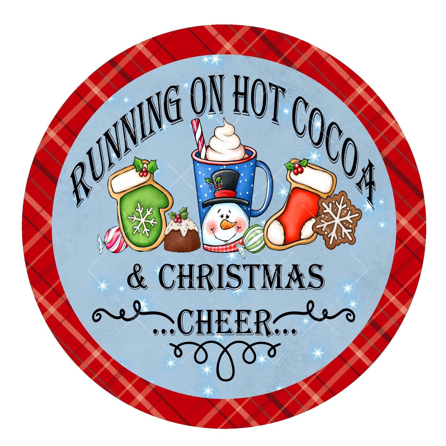 Hot cocoa and christmas cheer wreath sign, metal wreath sign, christmas door hanging, round wreath center