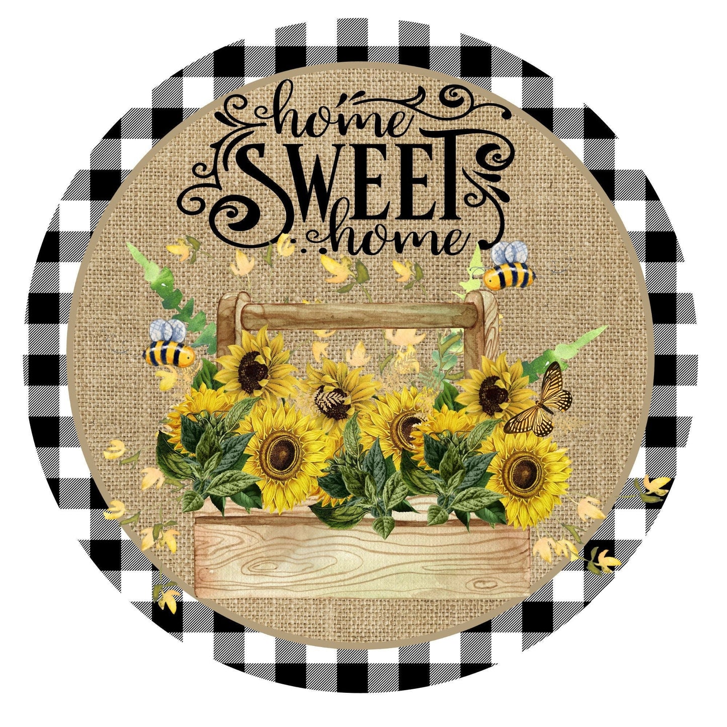 Home sweet home sunflower wreath sign, round wreath sign, metal sign, door hanging