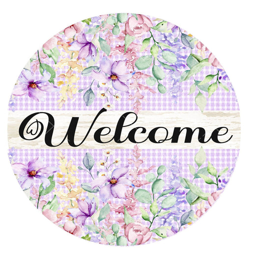 Welcome wreath sign, metal wreath sign, signs for wreaths, purple floral wreath sign