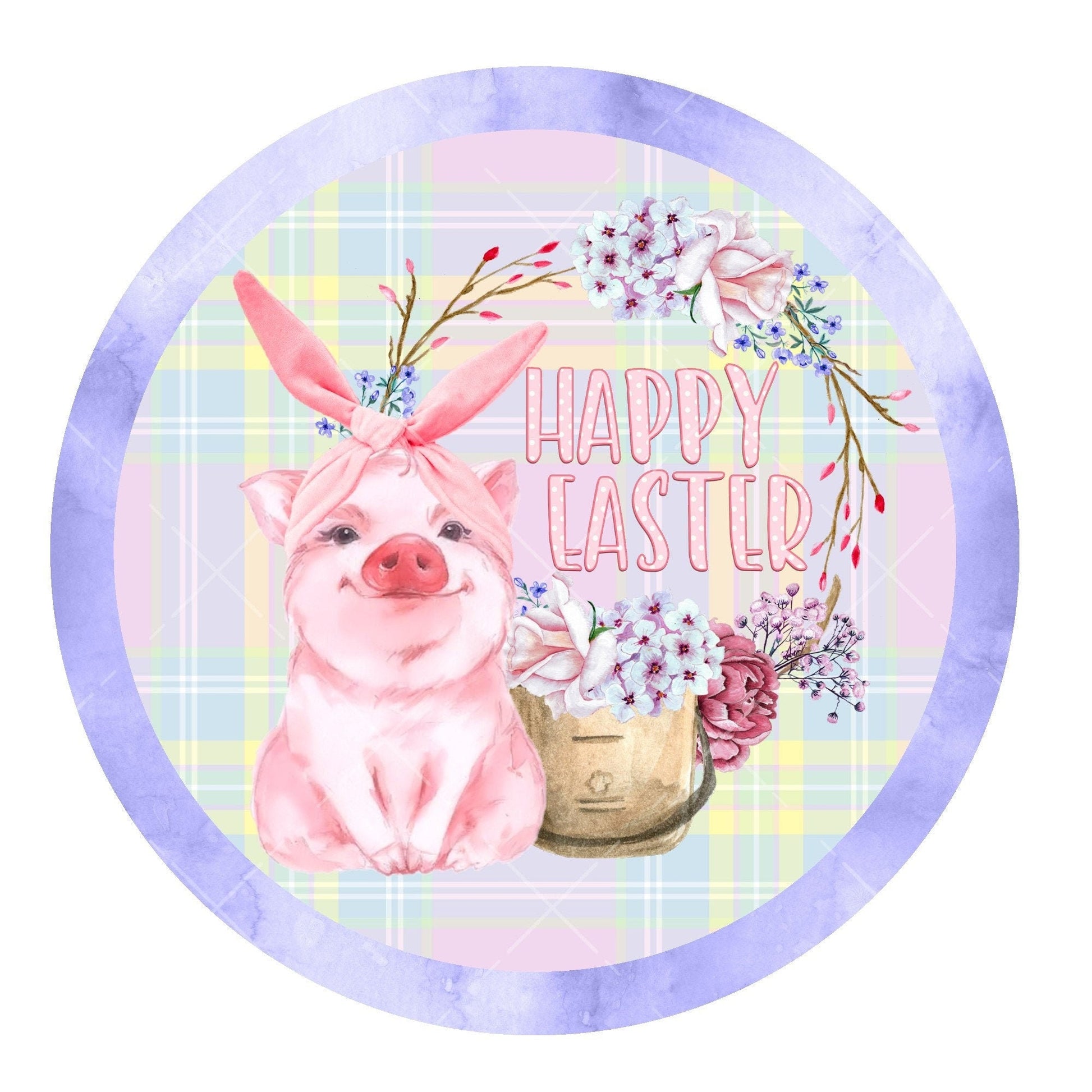 Happy Easter wreath sign, metal wreath sign, cute pig wreath sign, round wreath sign