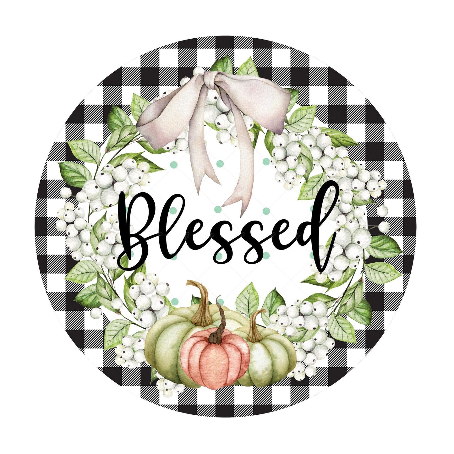 Round buffalo plaid with pumpkins blessed sign, wreath sign, wreath attachment, metal sign, door hanging